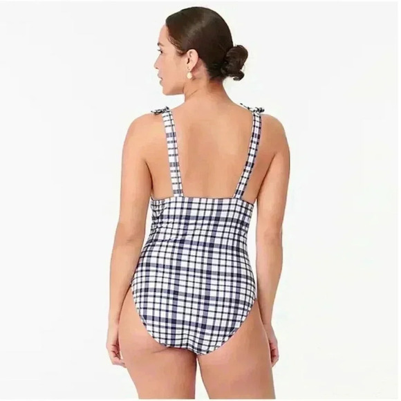 J. Crew Tie-shoulder one-piece swimsuit in marine plaid Navy Blue White - Picture 3 of 4
